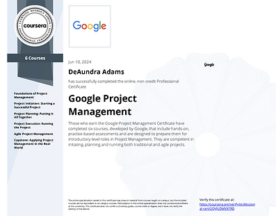 DeAundra Adams Google Project Management Certificate