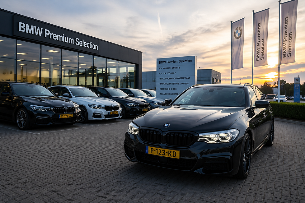 Premium BMW showroom met meerdere BMW’s voor een BMW Premium Selection gebouw bij zonsondergang