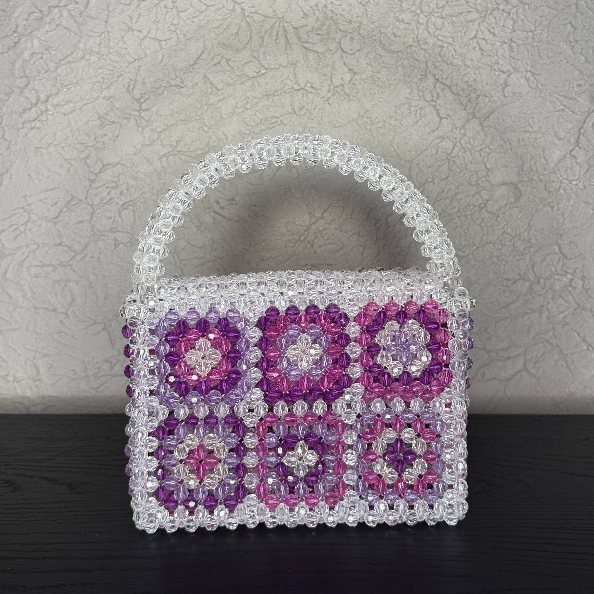 Lavender kristal boncuk çanta önden görünüm
