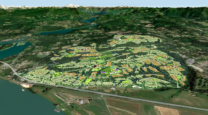 3D master plan rendering of Silverdale in Mission, BC, showing the full 1,800-acre community layout across hillsides above the Fraser Valley.