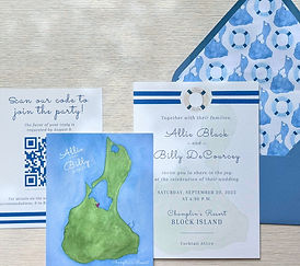 custom wedding invitation suite with watercolor Block Island map, RSVP card, and custom toile envelope for nautical wedding