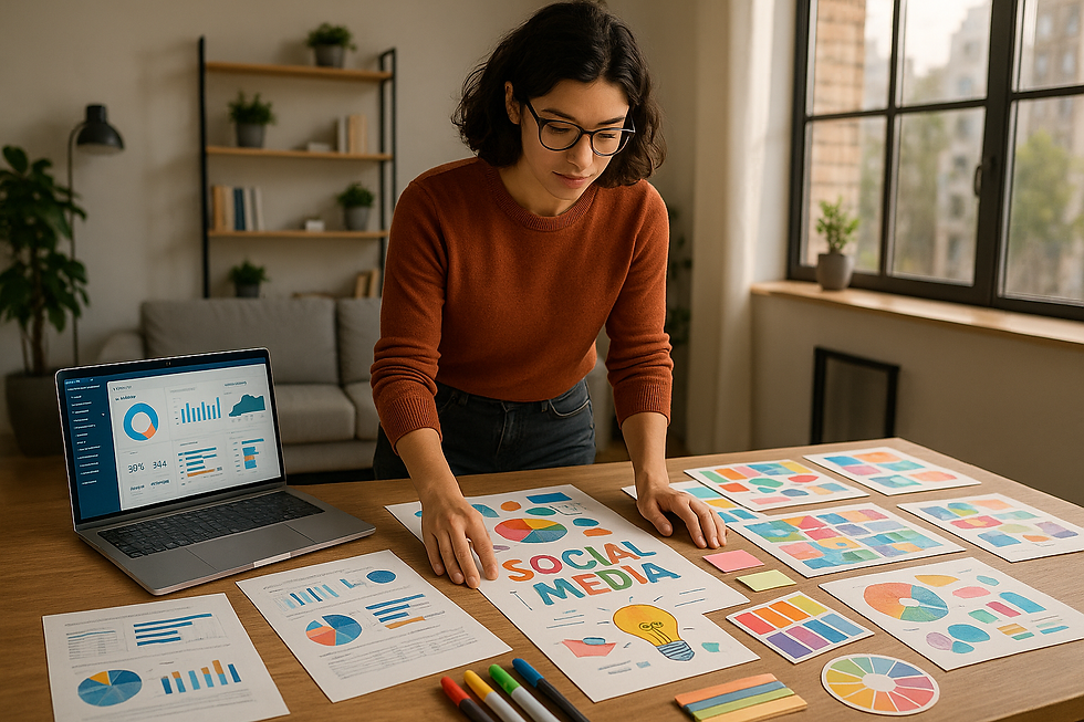 A marketing professional analysing social media data while developing creative design ideas at a modern desk, symbolising the balance between analytics and creativity in social media strategy.
