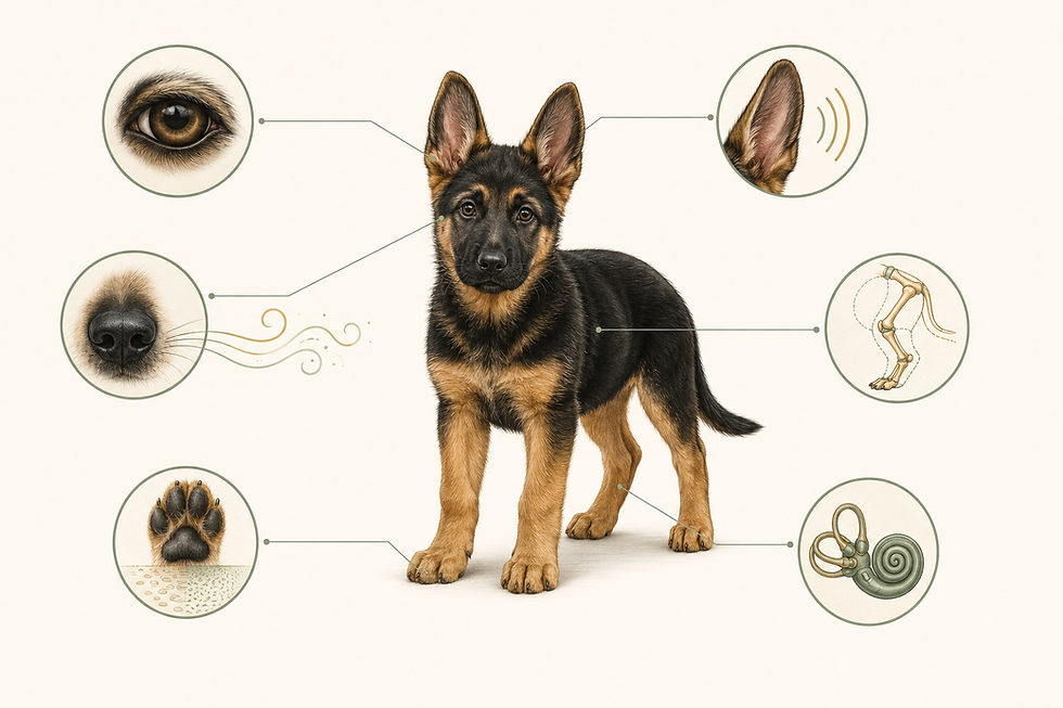 German Shepherd puppy sensory systems including vision, hearing, smell, touch, proprioception and vestibular balance