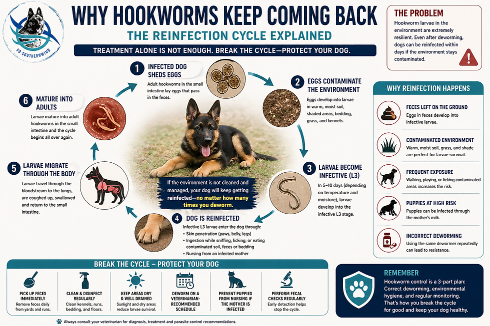 Educational infographic showing why hookworms keep coming back in dogs, illustrating the reinfection cycle including eggs in feces, larvae developing in contaminated soil, infection through skin or ingestion, and adult hookworms in the intestine, with the Southernwind Kennels logo.