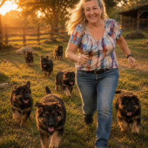Maria Cecilia Martinez running with Southernwind German Shepherd puppies on a Florida ranch during golden-hour sunlight.