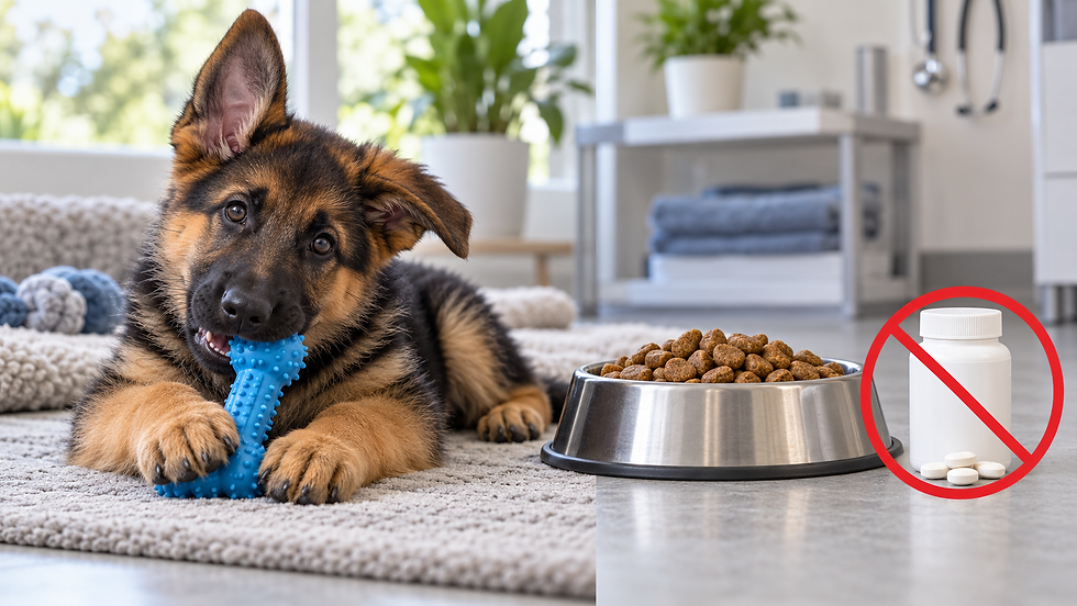Teething German Shepherd puppy with changing ears beside balanced puppy food and unnecessary calcium supplements