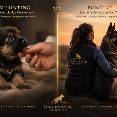 Imprinting vs bonding in dogs illustration showing puppy early development with human interaction on one side and adult German Shepherd bonding with owner on the other side