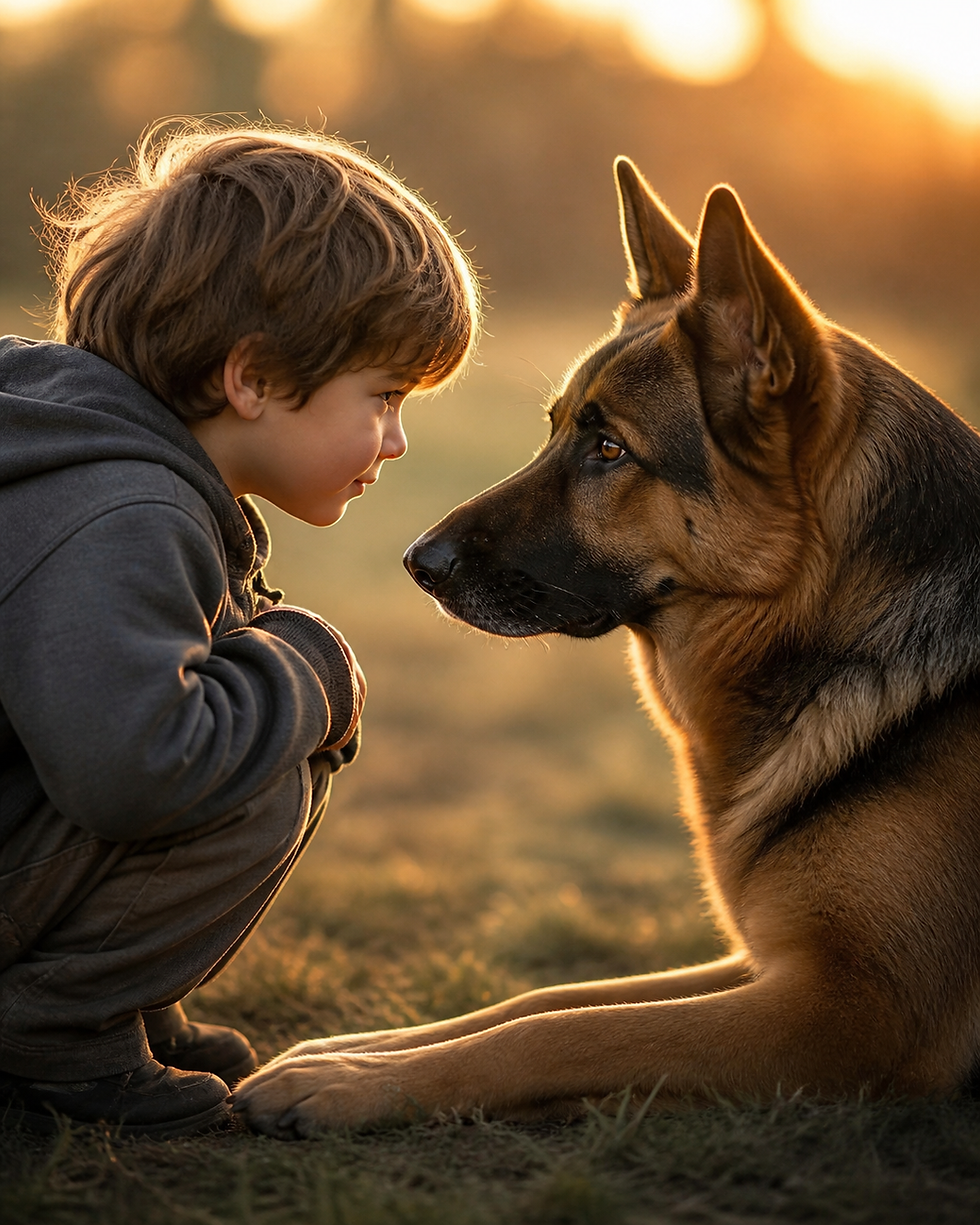 Child and German Shepherd making eye contact outdoors, demonstrating human dog relationship science and emotional bonding connection