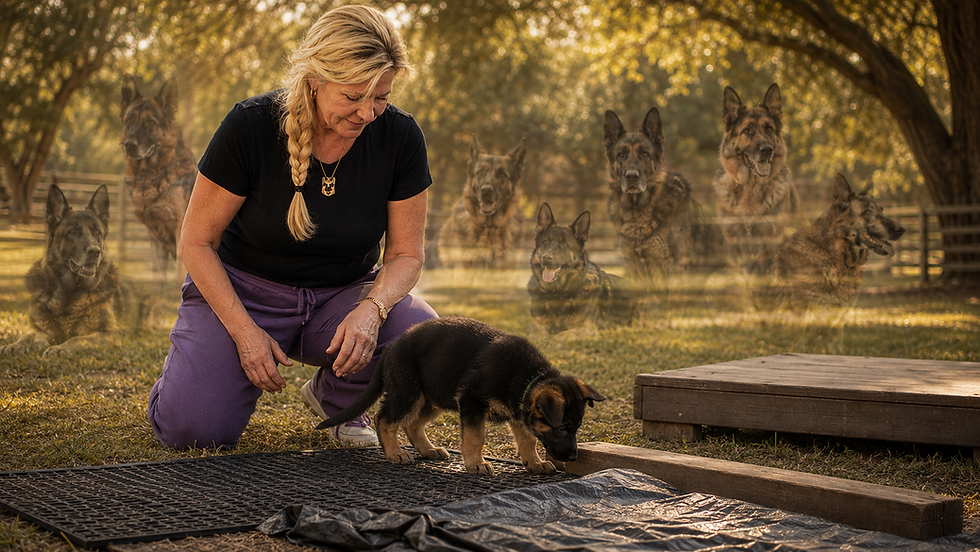 Experienced Southernwind breeder observing a German Shepherd puppy with generations of German Shepherds represented behind her