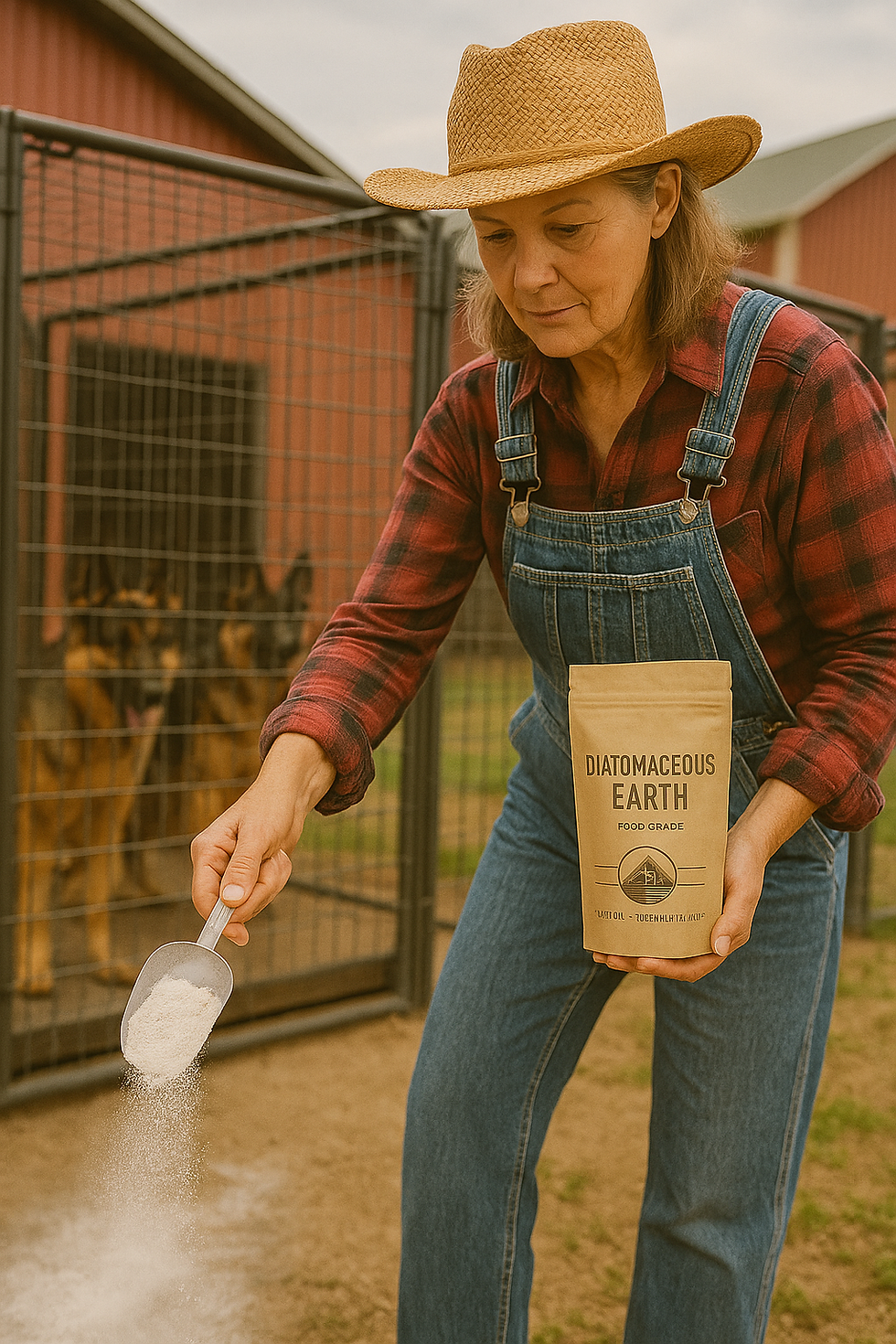 Diatomaceous Earth sprinkled over the dirt in the kennel areas