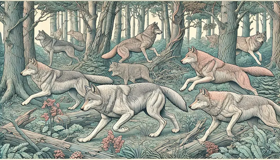 Pack of wolves hunting