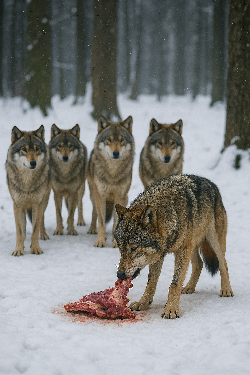 Wolves pack , the leader eats first, then the rest