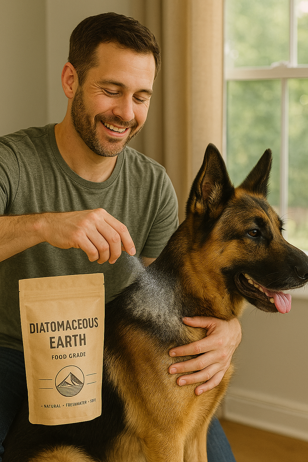 Diatomaceous Earth applied to dog coat