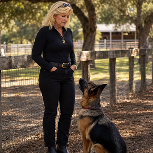 Maria Cecilia Martinez standing beside a seated German Shepherd on a ranch, showing calm leadership, connection, and focused communication between handler and dog.