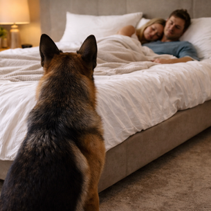 a Dog watching owners in their bed