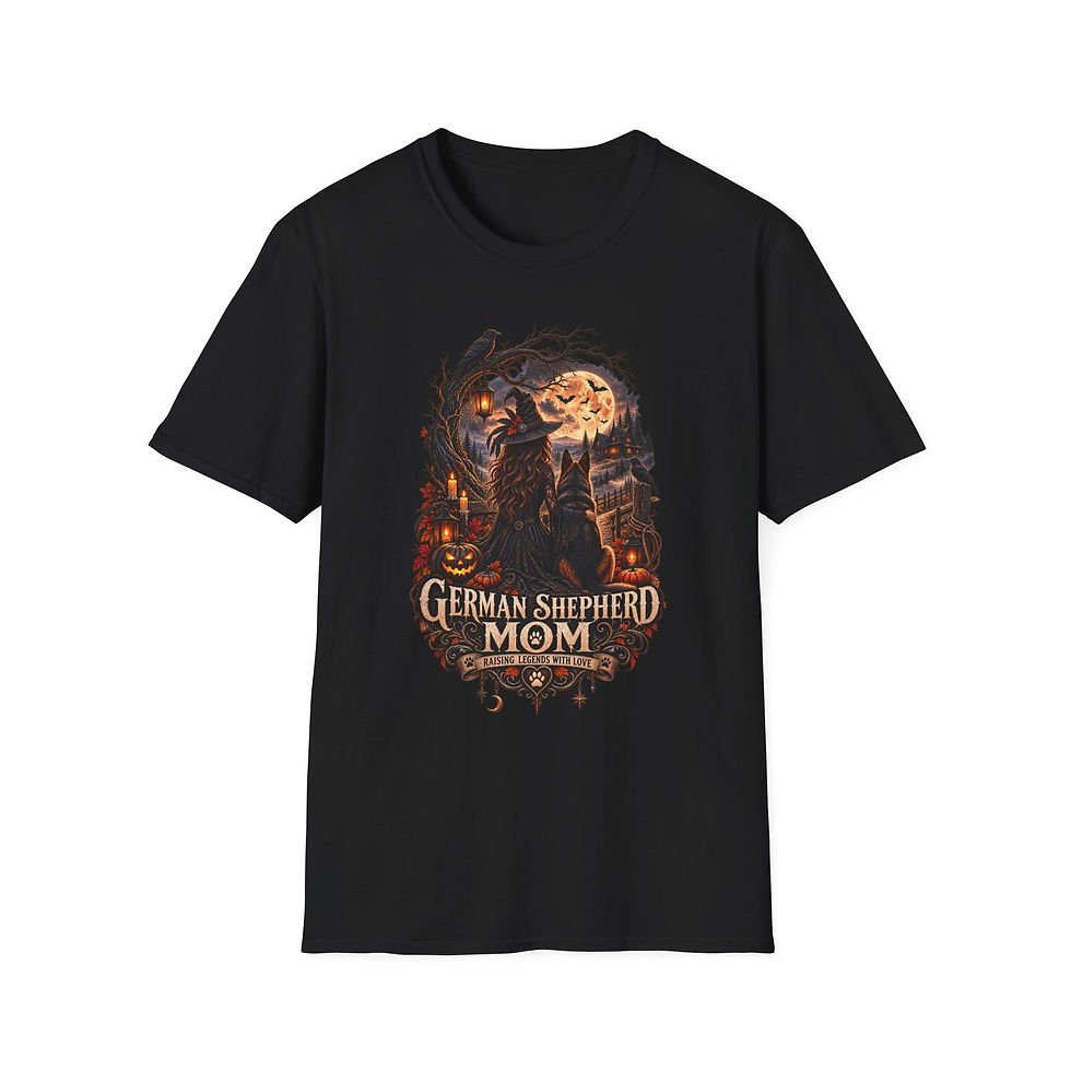 Thumbnail: German Shepherd Mom Halloween T-Shirt — Spooky Pumpkin & Crow Design
