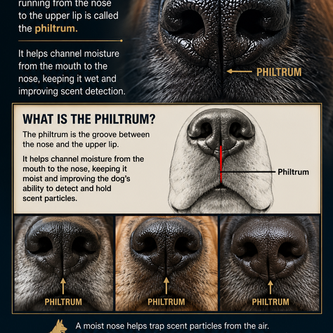 Close-up educational infographic showing the philtrum on a German Shepherd dog’s nose and explaining its role in moisture retention and scent detection for working dogs and canine tracking.
