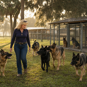 Experienced Southernwind German Shepherd breeder walking across a Florida ranch with five German Shepherds calmly following her, illustrating canine attachment, trust, handler awareness, and why dogs follow their owners everywhere.