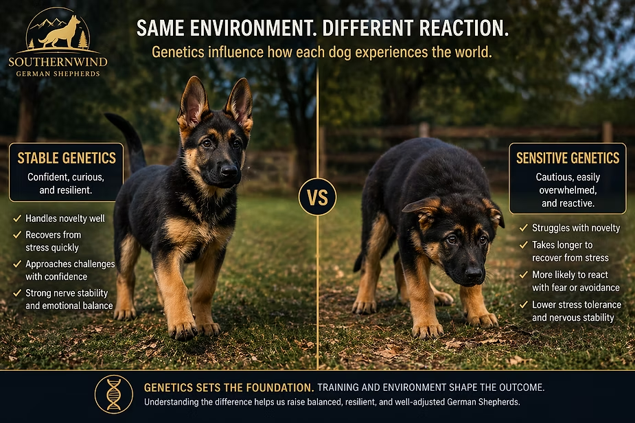 German Shepherd puppies comparison showing stable genetics confident puppy versus sensitive genetics nervous puppy reacting differently in the same environment