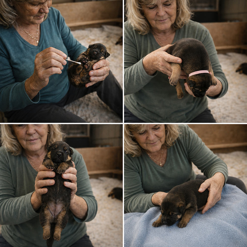 Collage showing an older breeder demonstrating four traditional early neurological stimulation handling exercises with a neonatal German Shepherd puppy, including tactile stimulation, positional handling, and brief placement on a cool towel.