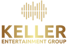 A sleek gold Keller Entertainment Group logo featuring a stylized vertical soundwave icon above the company name in bold gold lettering on a transparent background.