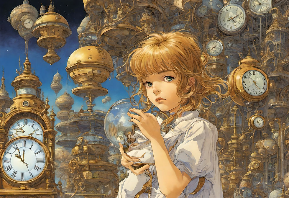 A young girl surrounded by clocks holding an hourglass