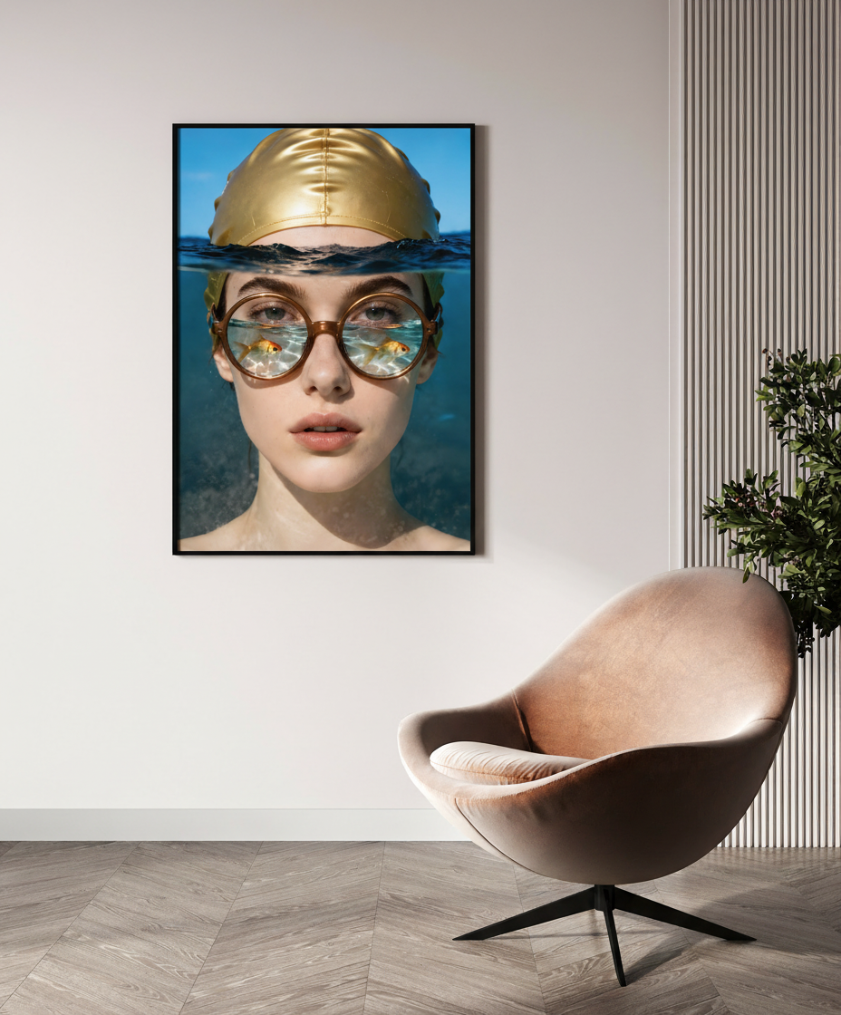 Underwater surrealist artwork framed fine art print displayed in modern architectural interior by 3TA Design.