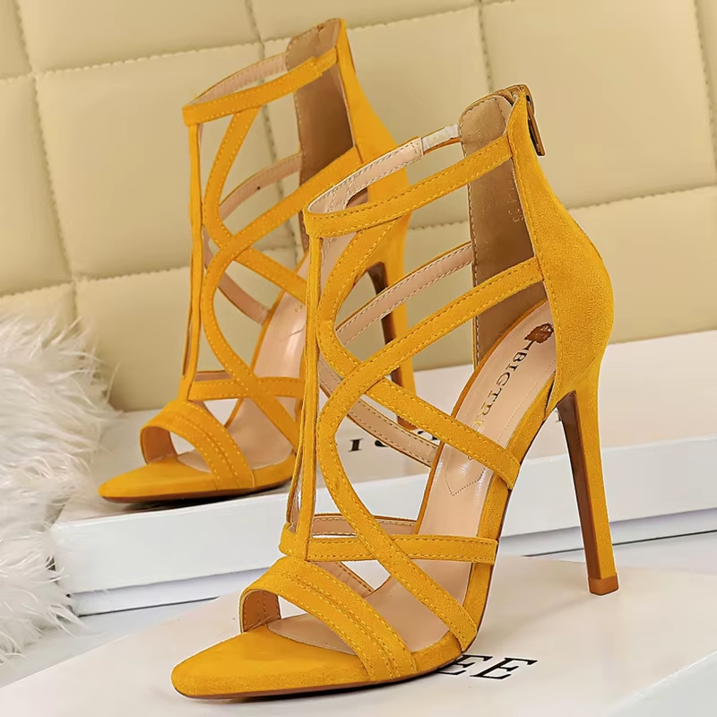 Thumbnail: 2023 Summer Women Designer 11Cm Fetish High Heels Roman Sandals Flock Yellow