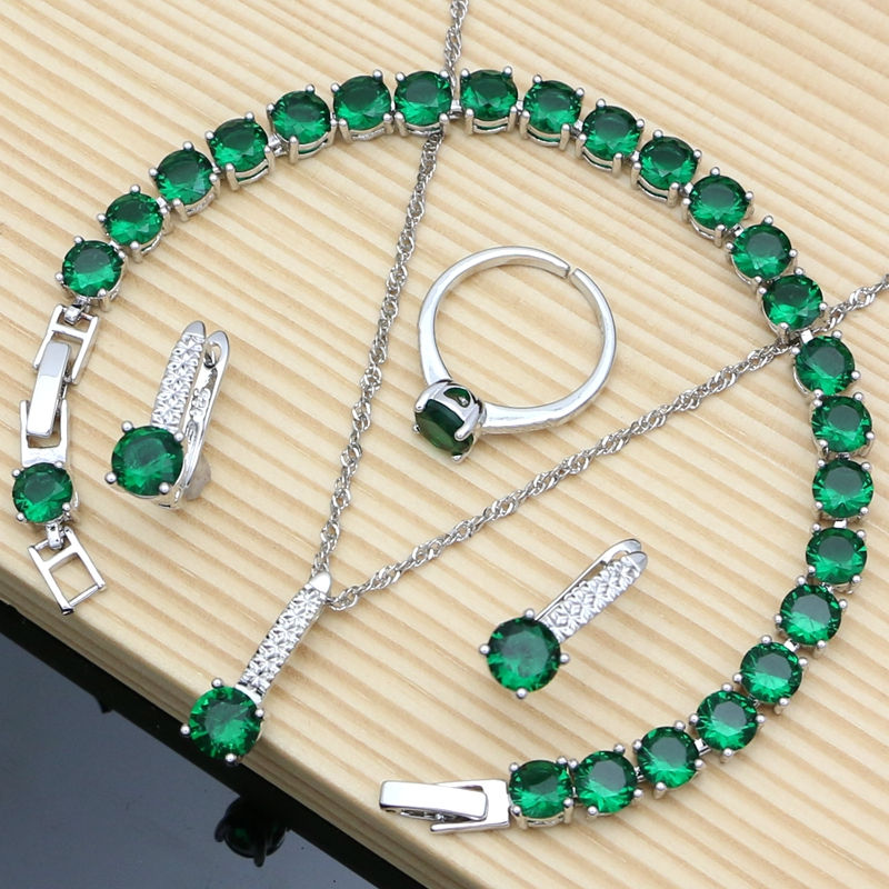 Thumbnail: Bride Silver 925 Jewelry Sets Natural Green Emerald Earring Bracelet Resizable