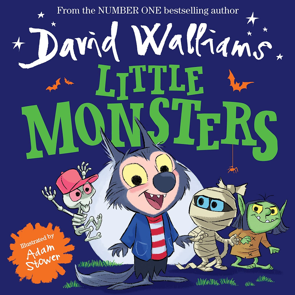 Book cover for David Walliams’ Little Monsters, showing three cartoon monsters and a smiling wolf boy on a dark blue background.