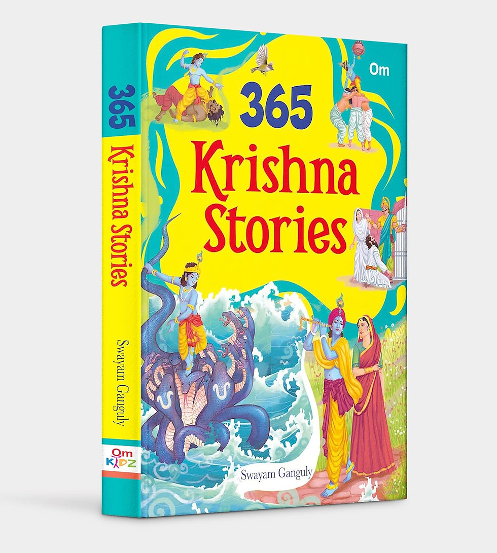 Bright book cover for 365 Krishna Stories by Swayam Ganguly, with colorful Krishna scenes and Om Kidz logo on a yellow teal background
