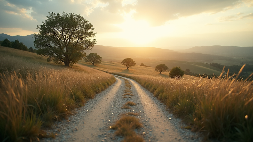 Eye-level view of a serene landscape with a winding path
