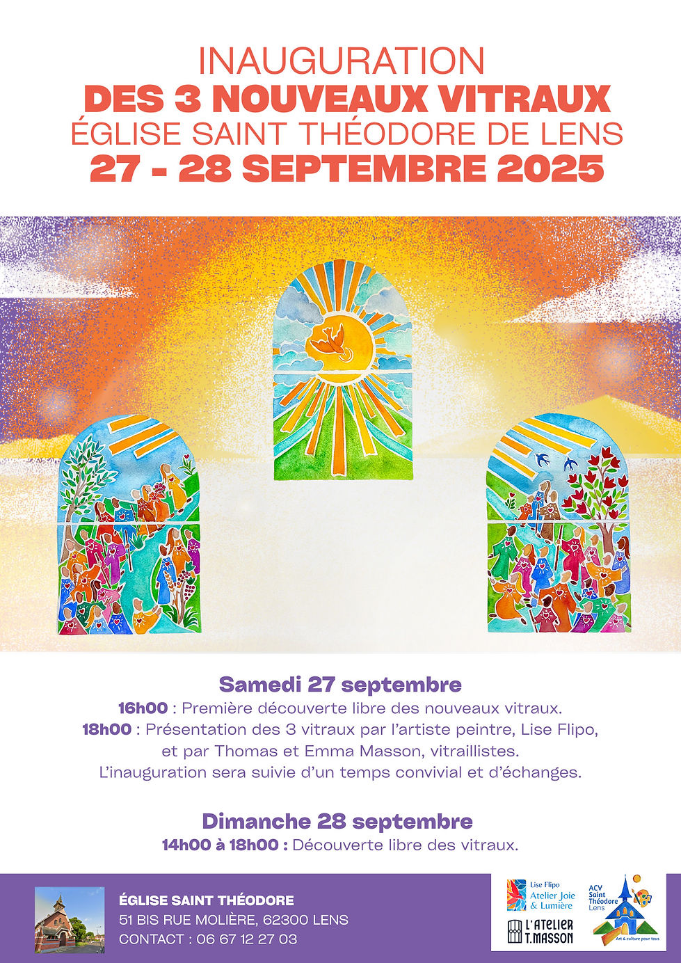 Affiche inauguration des 3 derniers vitraux de l'église Saint Théodore de Lens. Rendez-vous le samedi 26 septembre à 18h à l'église St Théodore de Lens, 51 bis rue Molière à 62300 Lens