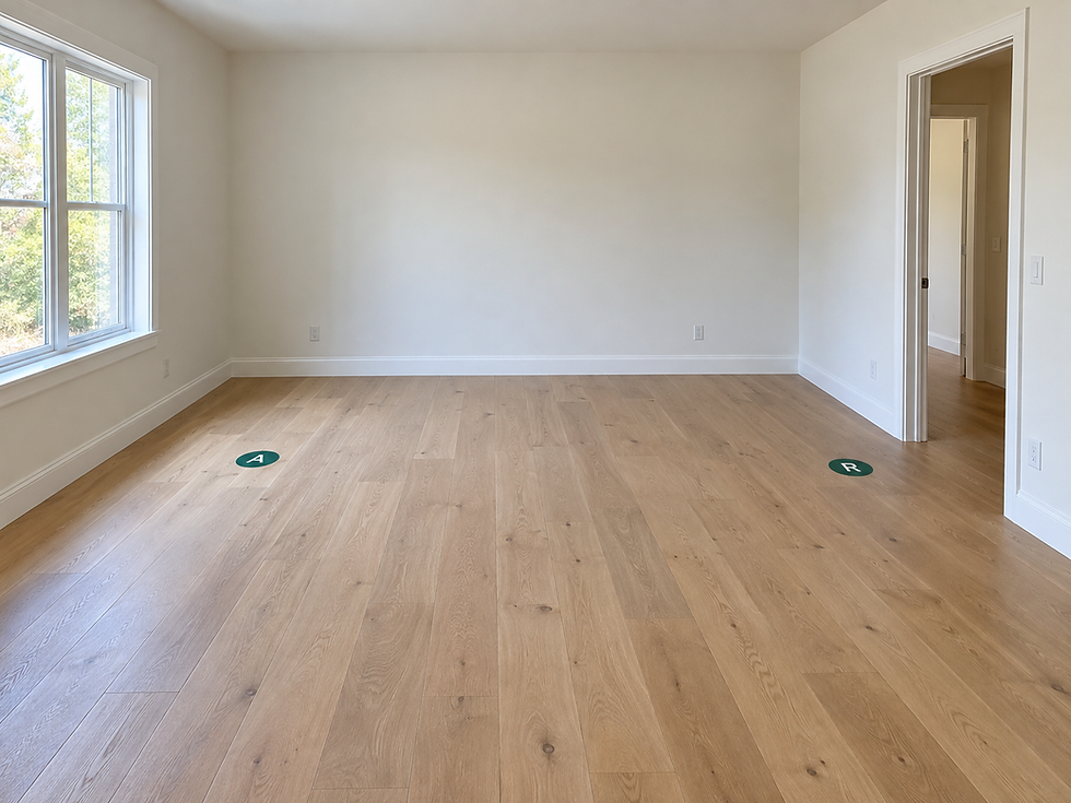 AI-generated demonstration room with location A marked near the left window and reference point R near the right doorway.