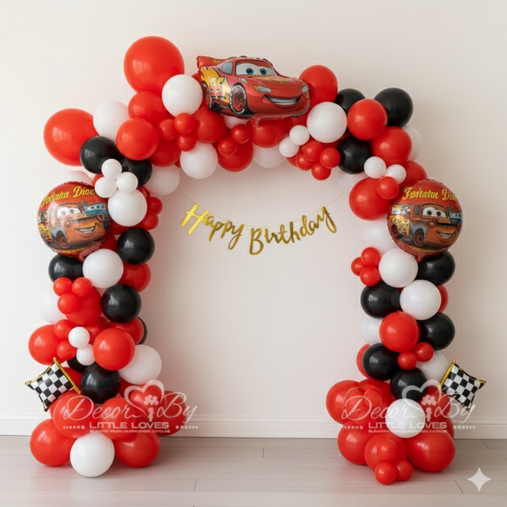 Red, white, and black balloon arch Happy Birthday, Car Theme Wall Decor.