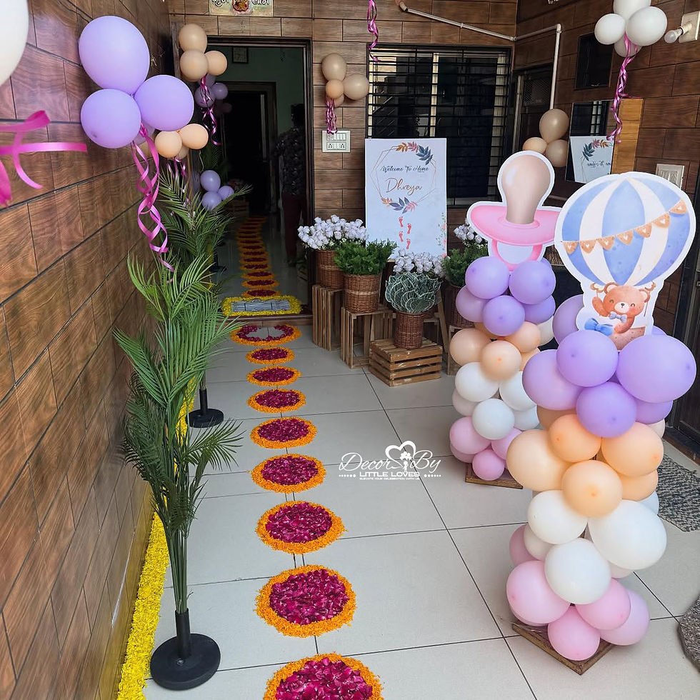 Thumbnail: Decorated entrance with balloons and floral arrangements; Home Haldi Decoration SKU493; wedding details.