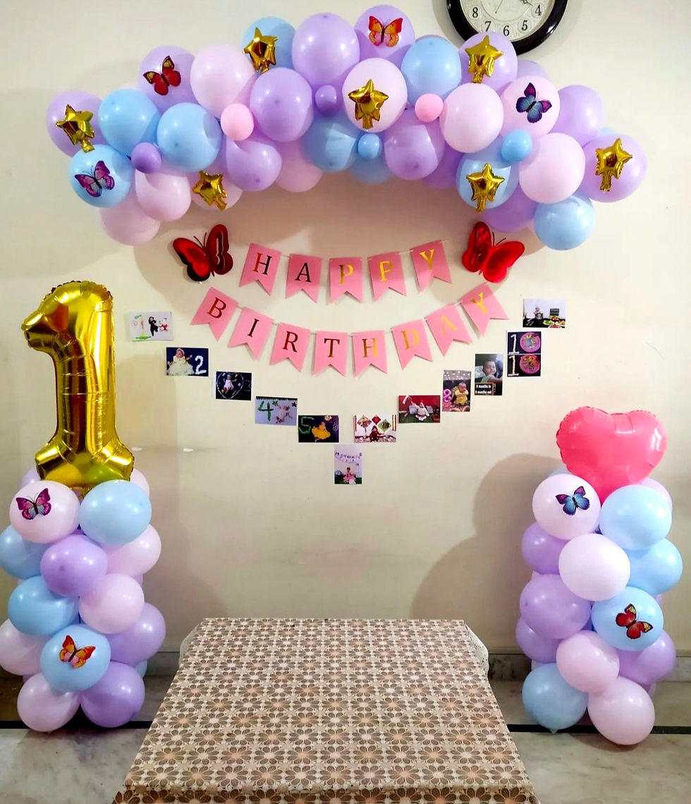 Birthday decor with balloons, banner reading