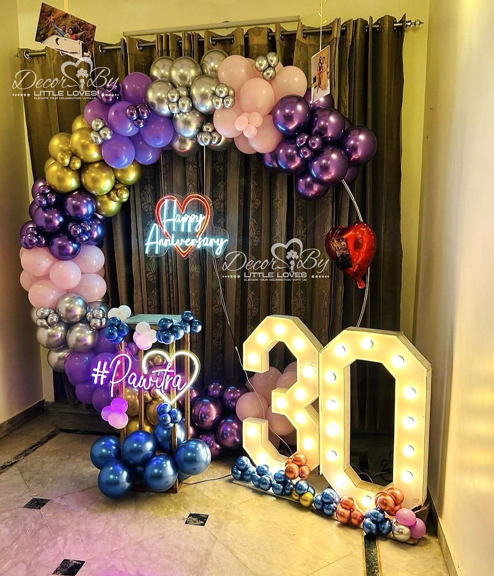 Anniversary celebration with balloons and glowing 30 sign, decor by Little Loves detail.