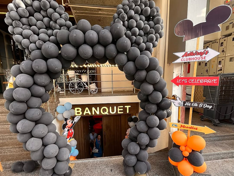 Thumbnail: Entrance decorated with black balloons, BANQUET sign, and Mickey Mouse decor.