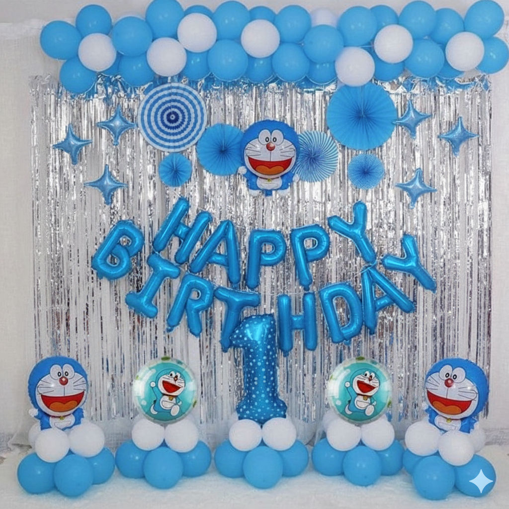 Blue balloons decorate a birthday party, Doraemon Wall Decor, says HAPPY BIRTHDAY number one.
