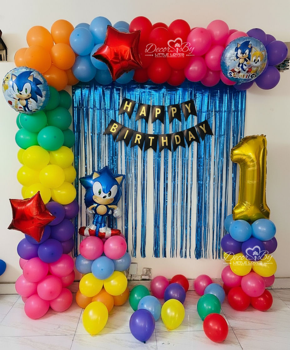 Colorful Sonic birthday party decorations with balloons and text Happy Birthday Sonic Theme Wall Decor