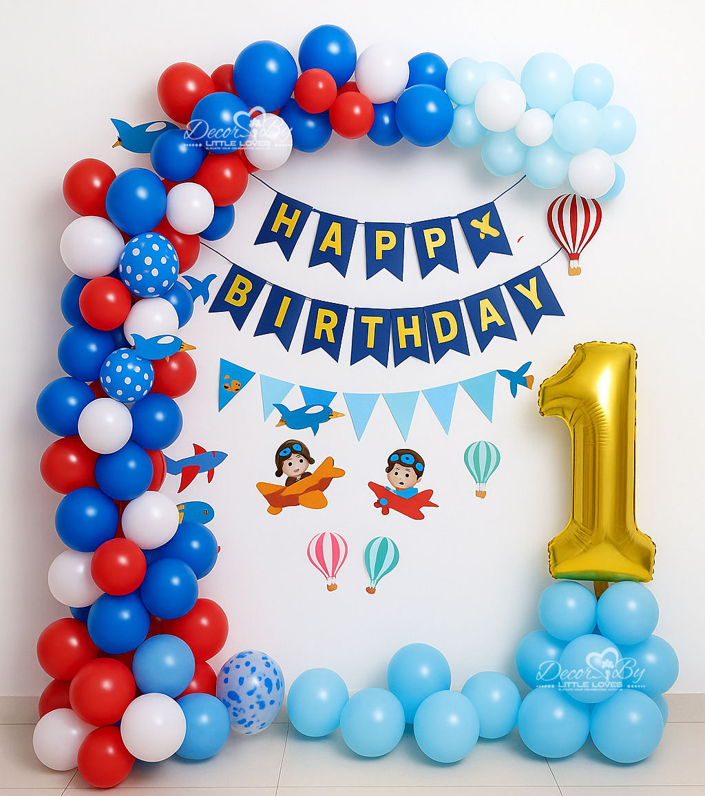 Happy Birthday banner, balloons. Aeroplane Theme for Kids Birthday Party. Decor By Little Loves.