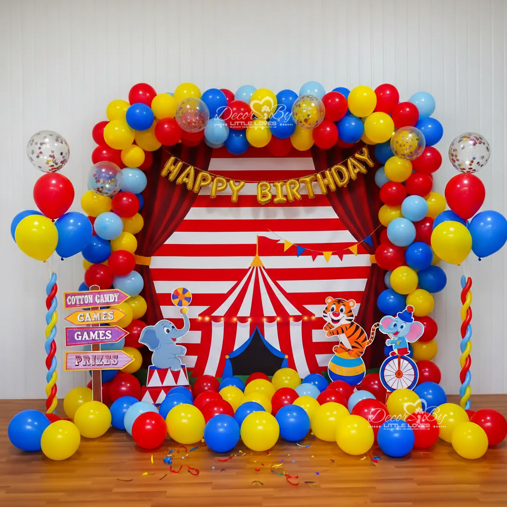 Circus-themed birthday party decorations with Happy Birthday banner. Colourful Circus Carnival Birthday Decor Decor By Little Loves