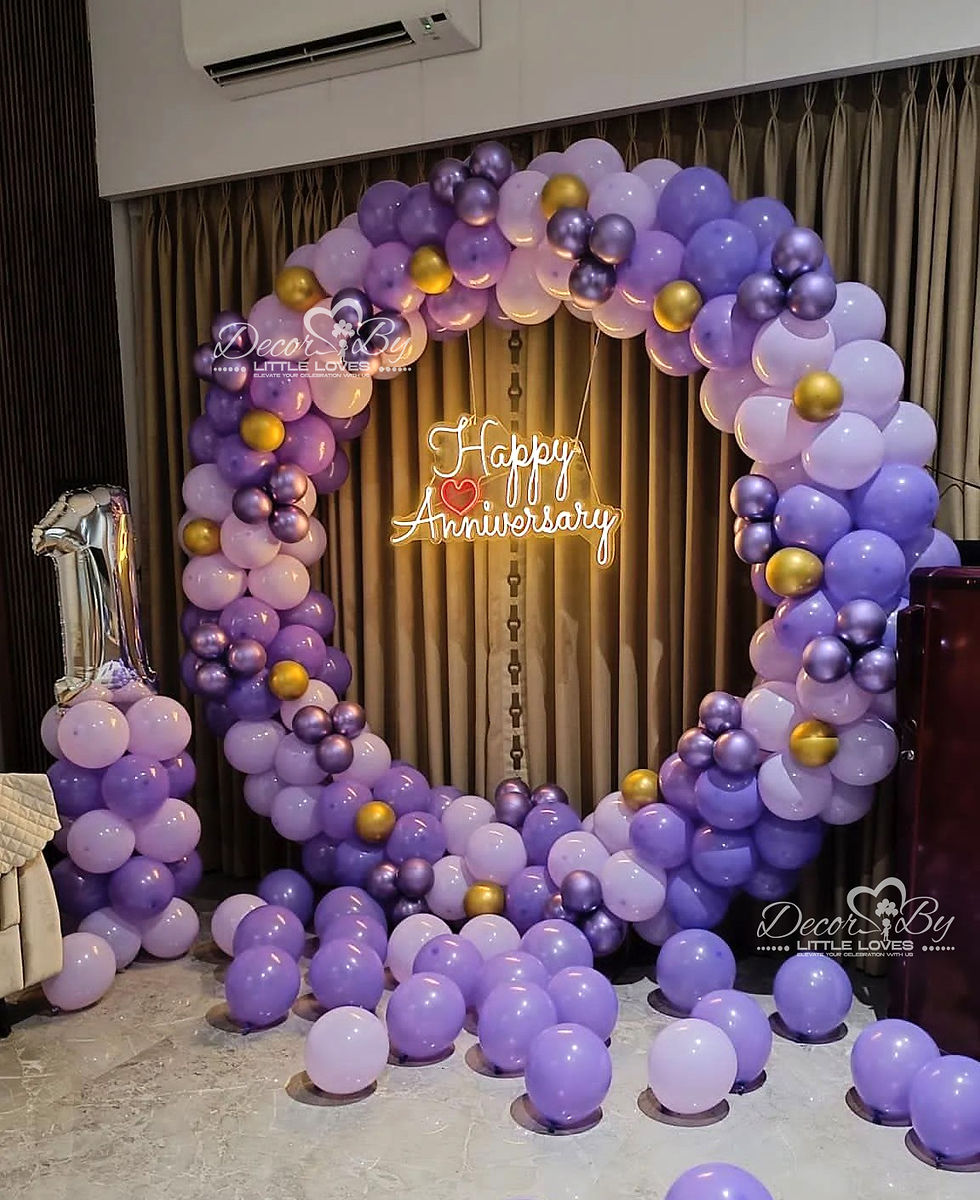 Purple and white balloon arch with "Happy Anniversary" sign; Romantic Decoration for Birthday SKU483.