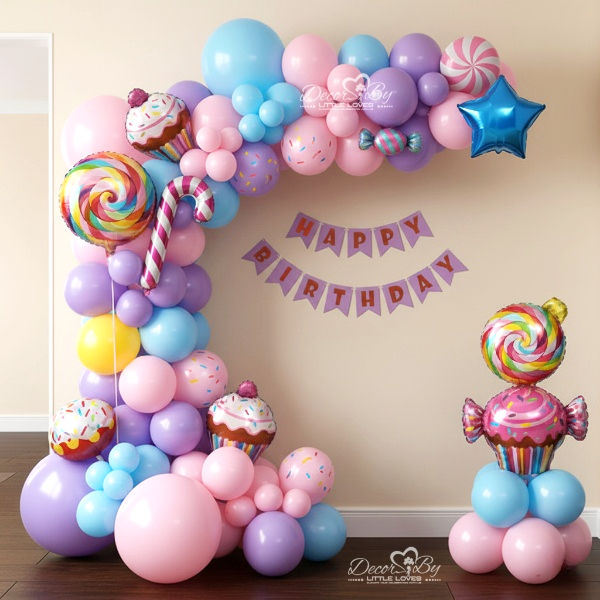 Candy Land themed balloon arch with cupcakes, banners, and candy decorations!
