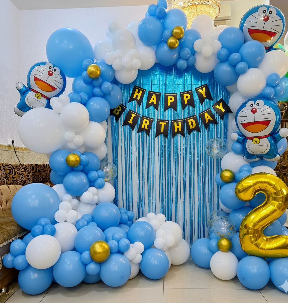Doraemon-themed birthday arch Happy Birthday with balloons and decor, Doraemon Kids Birthday Decor
