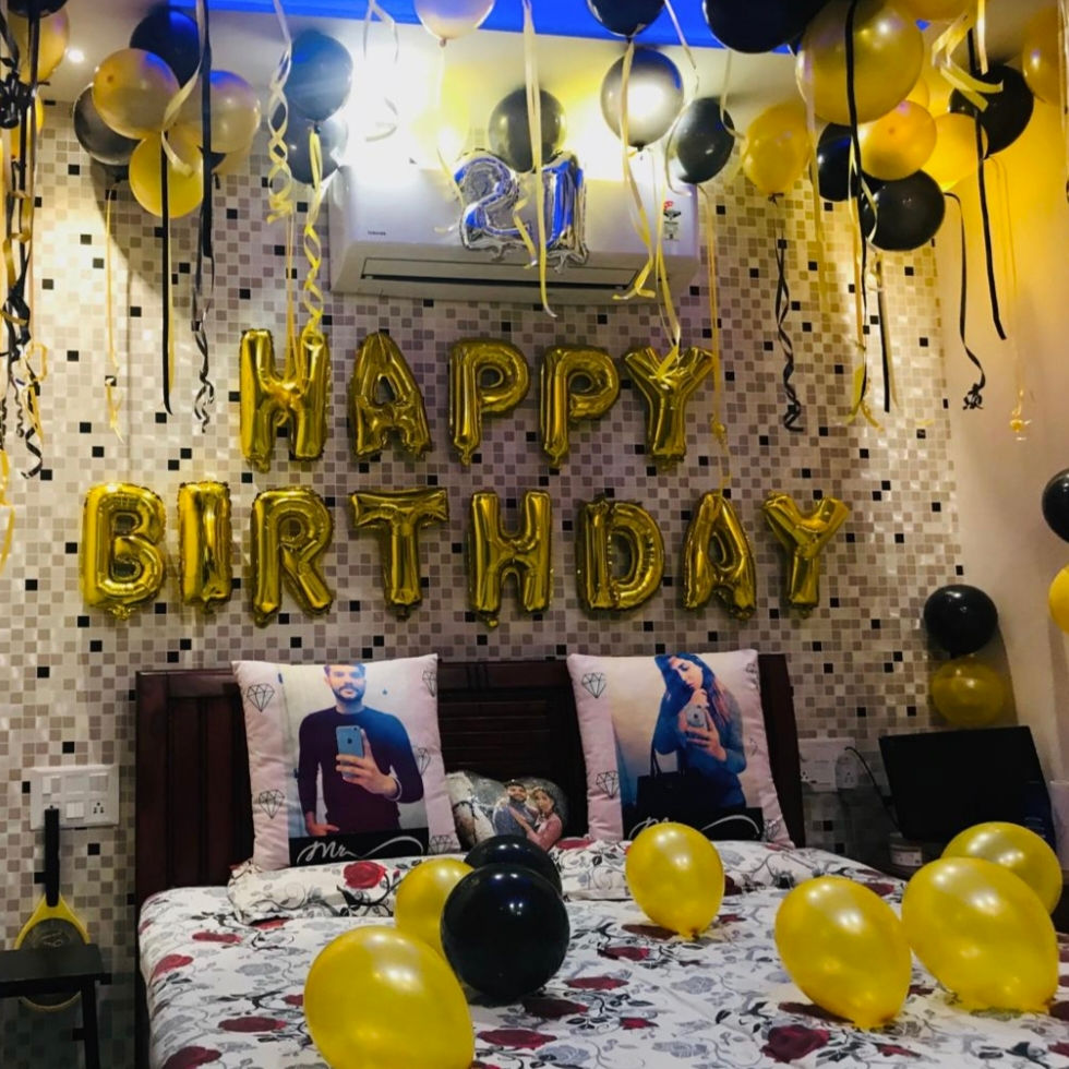 Happy Birthday Balloons Decor with yellow and black colors, gold text.