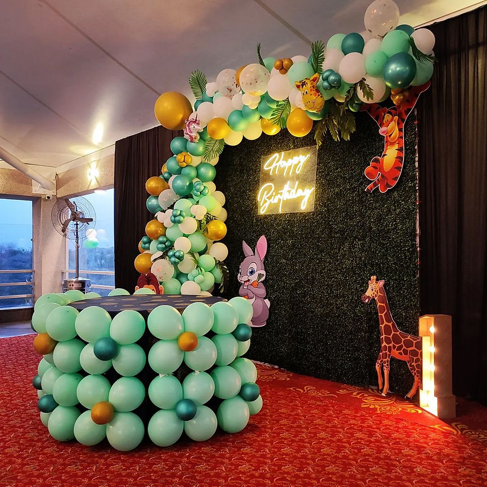 Thumbnail: Decorated party backdrop with balloons and a Happy Birthday neon sign Decor By Little Loves