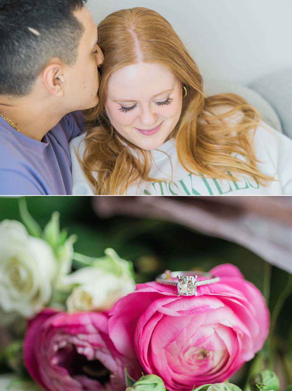 closeup of couple snuggling on top image, engagement ring on flowers on bottom image