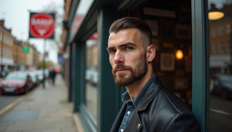 Eye-level view of a man with a sharp skin fade haircut standing outside The Don Barbershop in Wimbledon